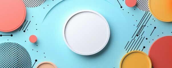 Poster - Blank card template with empty white circle on vibrant abstract geometric background in blue, orange, and black.