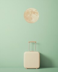 Poster - Minimalist Travel Concept with Suitcase and Full Moon on Pastel Background, Modern Aesthetic