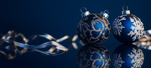Wall Mural - blue christmas ornaments with silver ribbon