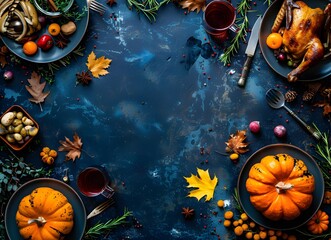 Wall Mural - autumnal thanksgiving food background with copy space