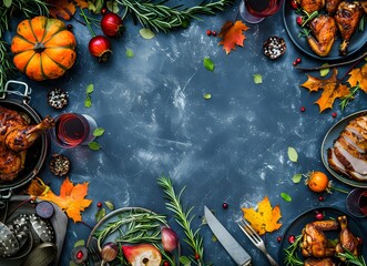 Wall Mural - autumnal food table setting with copy space