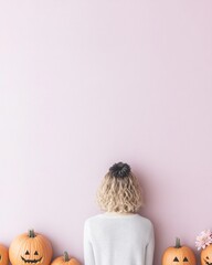 Poster - Minimalist Halloween-Themed Woman with Black Flower Headpiece Surrounded by Jack-O-Lanterns on Plain Background