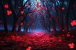 © Thanyarat - A haunting autumn forest bathed in red-black light, with dark trees and glowing red leaves falling gently in the eerie breeze, in an autumn fantasy artwork illustration