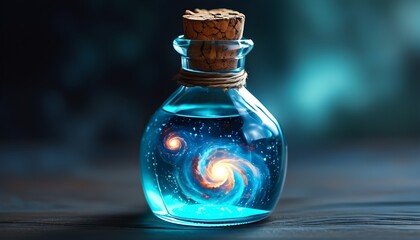 mystical glass bottle with cork stopper filled with luminous blue liquid featuring mesmerizing swirling nebula patterns