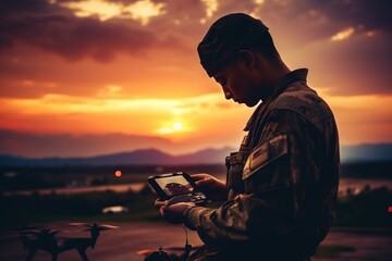 Silhouette of a soldier employing drones for military operations and reconnaissance missions