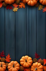 Wall Mural - autumn leaves & pumpkins on dark wood background