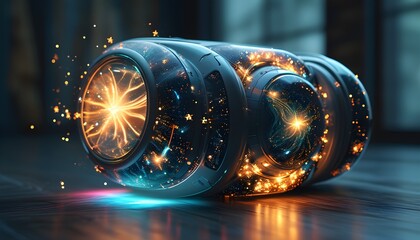 Futuristic device with swirling nebula, radiant stars, and a vibrant beam of light