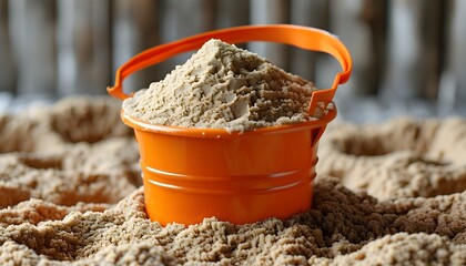 Wall Mural - Bright orange bucket filled with light brown fine sand, perfect for crafting imaginative sandcastles at the beach