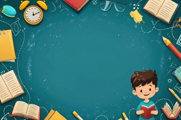 Cartoon-style school frame with books and a smiling boy on a chalkboard background