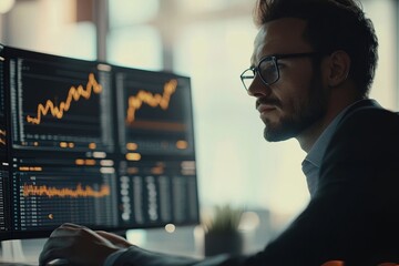 Focused Professional Analyzing Stock Market Trends on Multiple Monitors During a Busy Workday in a Modern Office