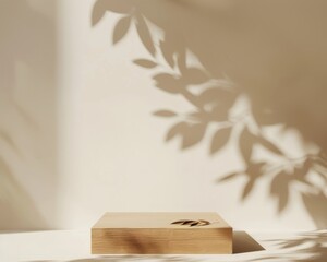 Aufkleber - Minimalist Wooden Podium Mockup with Leaf Accents and Soft Beige Background