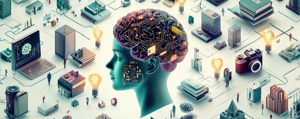 Poster - Collage of digital and traditional elements with a human brain at the center in a conceptual illustration