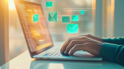 Aufkleber - Man Typing on Laptop with Floating Email Icons in Sunlit Office - Concept of Email Marketing and Online Technology