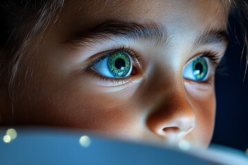Poster - A hyper-realistic close-up of a childâ€™s face while reading, showing every detail of their expression as they are captivated by the story
