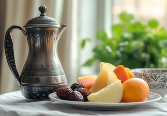 Ramadan Feast: Dates, Fruit, and Coffee Pot