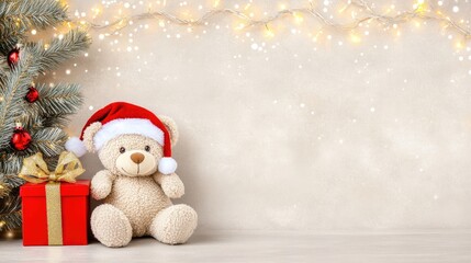 Wall Mural - A charming teddy bear in a Santa hat beside a festive Christmas present surrounded by twinkling holiday lights and a joyful atmosphere