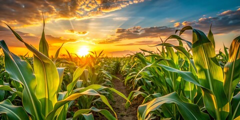 Golden Hour Cornfield Sunset, Agriculture , Nature