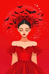 Colorful Halloween collage of a woman with roses and bats on a bold red background