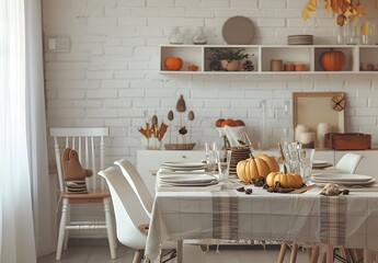 Wall Mural - autumn dinner table setting with pumpkins