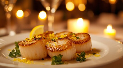 Close-up of seared scallops on a white plate garnished with lemon zest and parsley, with a blurry background of candles and a glass of water.