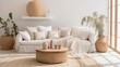 © sorin - Cozy minimalist living room featuring textured white sofa, wooden side table, and sunlit ambiance