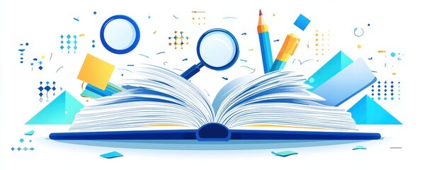 Poster - Flat design illustration of an open book with stationery items and abstract elements representing creativity and knowledge