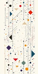 Poster - Geometric pattern with colorful circles, triangles, and lines on a light background creating a dynamic abstract composition