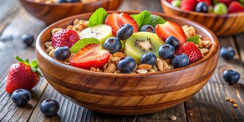 Wooden Bowl of Granola with Fresh Berries and Kiwi, healthy breakfast, fruit salad, ,granola, breakfast