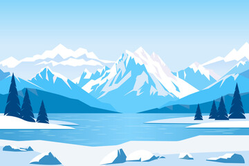 Wall Mural - Amazing winter landscape of snow-capped mountains, forests and lakes. Ice blocks on the shore of a lake overlooking beautiful mountains. Winter nature vector illustration.