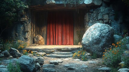 A serene entrance to a cave, framed by lush flora and a vibrant red curtain.