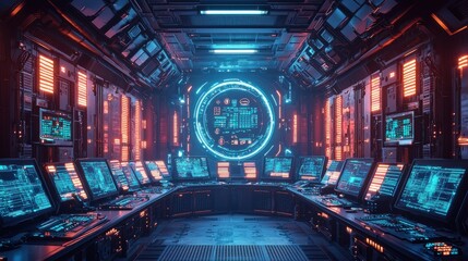 Poster - High-tech control room with futuristic computer screens and neon lighting in a sci-fi environment
