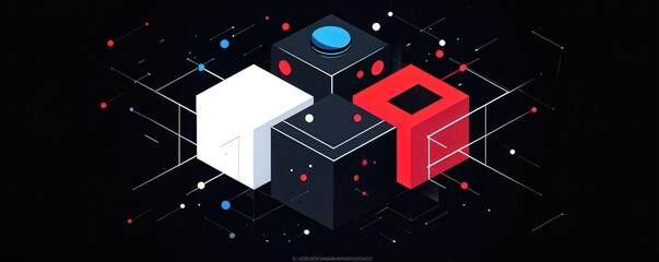 Poster - Abstract geometric logo design featuring cubes and lines in red, blue, and white for E-Deliko against a dark background