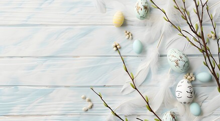 Wall Mural - pastel easter eggs & willow branches on white wood
