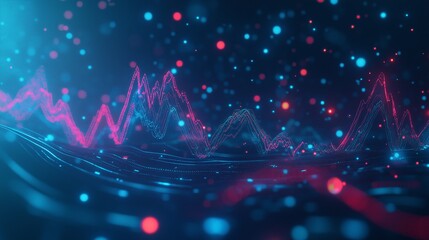 Poster - Colorful digital wave pattern with vibrant lights and particles flowing through a dark background at dusk