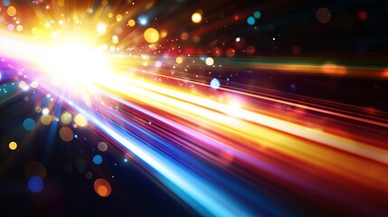 Wall Mural - Bright, colorful light streaks against a black background. These are lens flares, which are the light effects created by cameras. You can use these images for design projects.