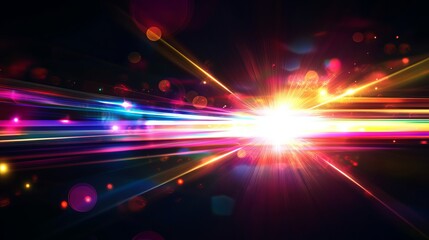 Wall Mural - Bright, colorful light streaks against a black background. These are lens flares, which are the light effects created by cameras. You can use these images for design projects.
