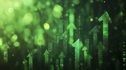 Poster - Dynamic green arrows symbolize upward growth and success in a financial or business context, set against a sparkling abstract background