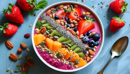 Wall Mural - Vibrant smoothie bowl adorned with fresh fruits, nuts, and seeds for a nourishing gut-healthy breakfast