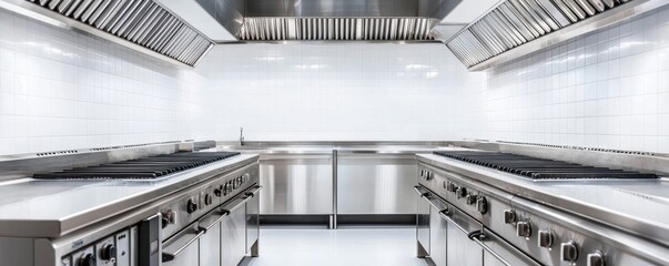 Wall Mural - Modern commercial kitchen with stainless steel appliances and white tiled walls.