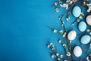 Wall Mural - easter eggs willow branches blue background