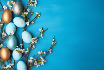 Wall Mural - easter eggs and willow branches on blue background