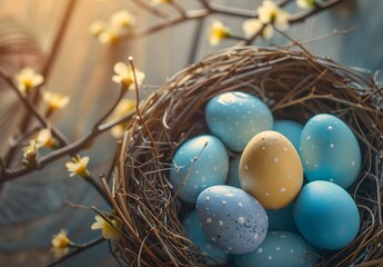 Wall Mural - easter eggs nestled in bird's nest with willow branches