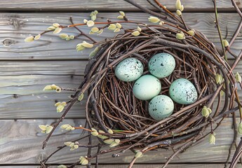 Wall Mural - easter eggs in bird nest with willow branches