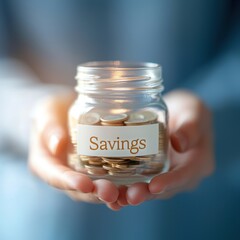 Person holding a glass jar labeled 'Savings' filled with coins, soft focus background.