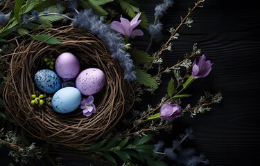 Wall Mural - easter eggs nest with flowers and willow branches
