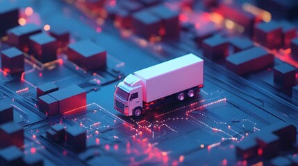 Poster - A miniature truck on a circuit board, representing logistics and technology in modern transportation systems.