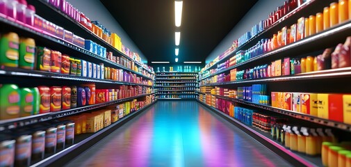 a vibrant supermarket aisle displaying a wide variety of colorful packaged products, showcasing cons