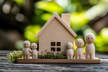 Three wooden figures are standing in front of a house