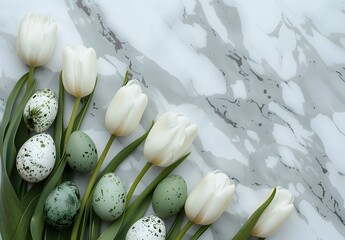 Wall Mural - easter flat lay with white tulips and eggs