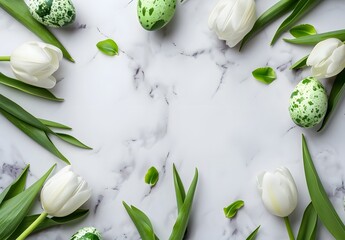 Wall Mural - easter frame with white tulips & green eggs